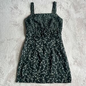 Floral Vine Print Square-Neck Mini Dress in Dark Green